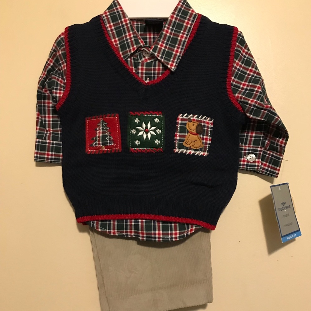 2-6 Dockers Baby boys 3pc outfit winter theme plaid vest 3-6m NWT